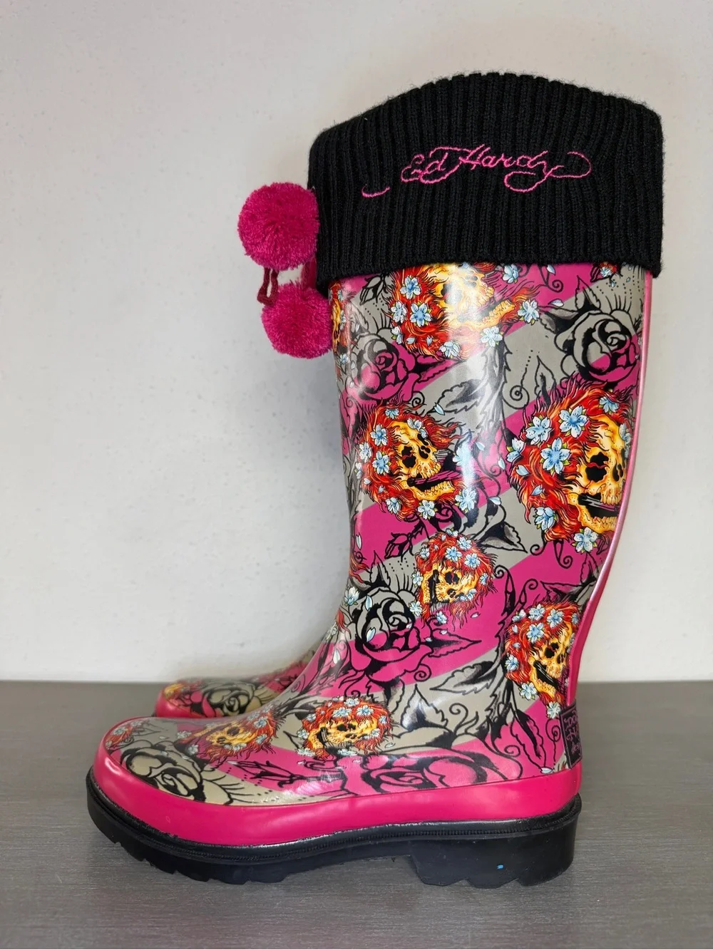 Rare Vintage Ed Hardy Womens Skull & Rose Print Rain Snow Boots Sz 6 Winter